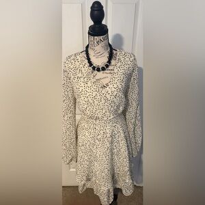 Japna Beige and Black Spotted Ruffle Long Sleeve Tiered Dress